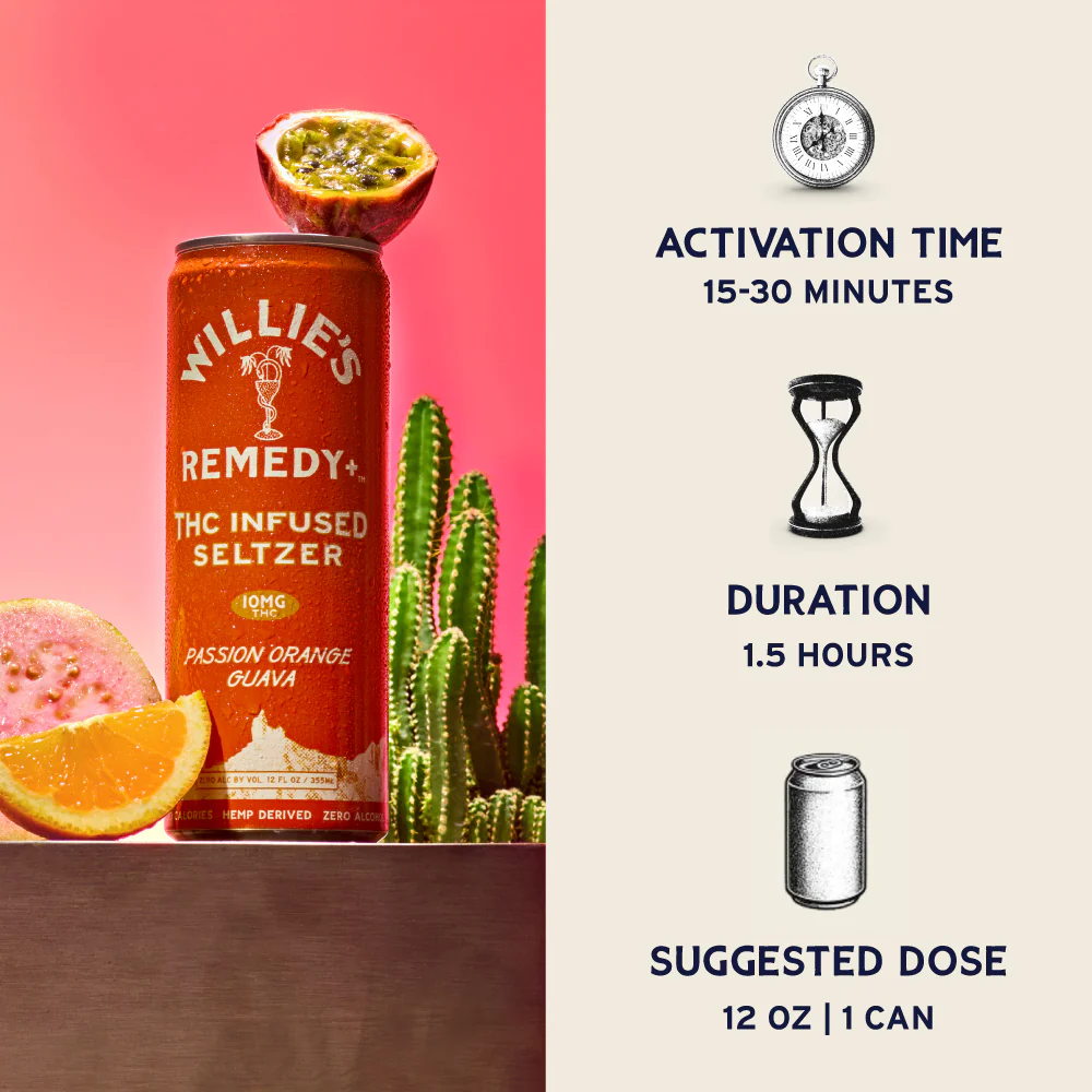 Willie's Remedy+ 10mg THC Infused Seltzer - Passion Orange Guava - Image 3
