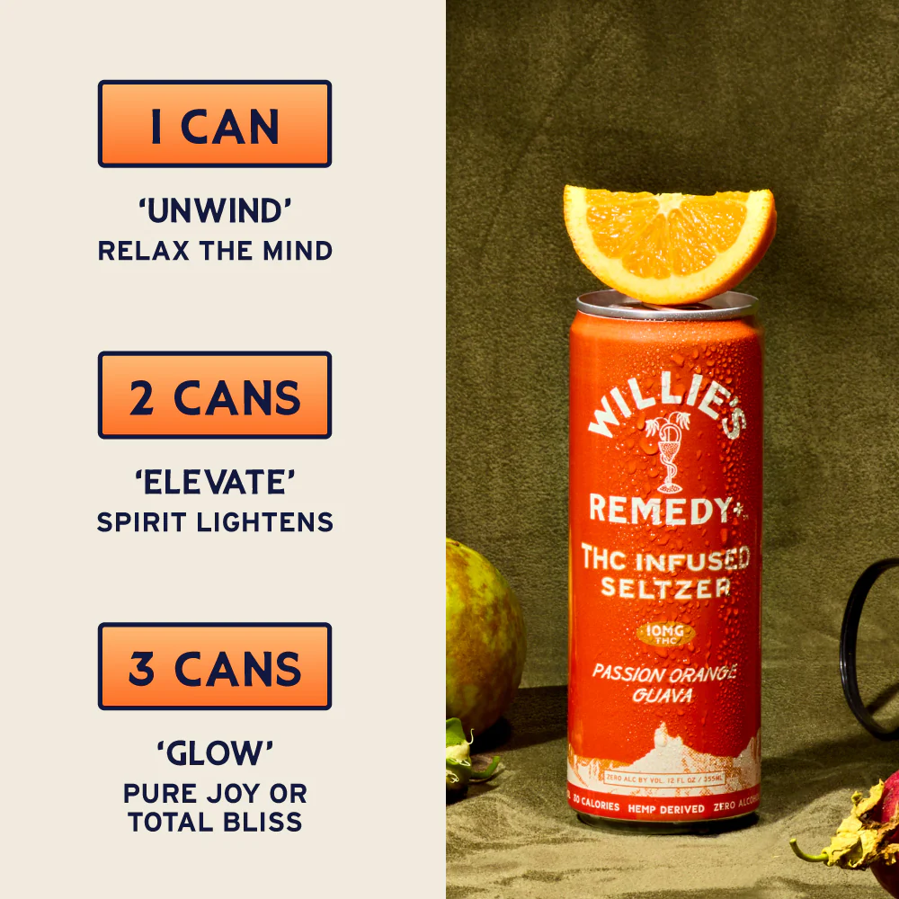 Willie's Remedy+ 10mg THC Infused Seltzer - Passion Orange Guava - Image 4