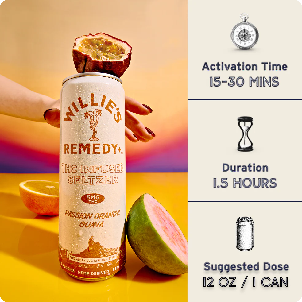 Willie's Remedy+ 5mg THC Infused Seltzer - Passion Orange Guava - Image 3