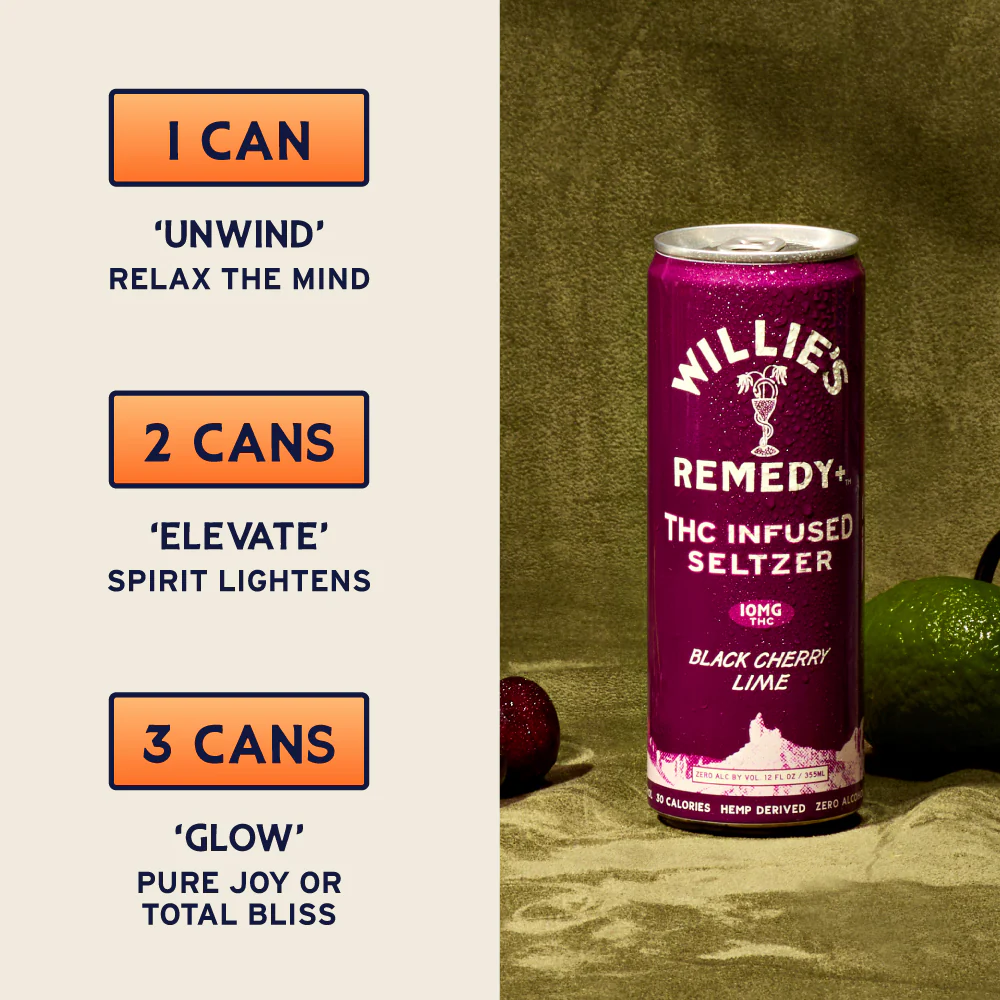 Willie's Remedy+ 10mg THC Infused Seltzer - Black Cherry Lime - Image 4