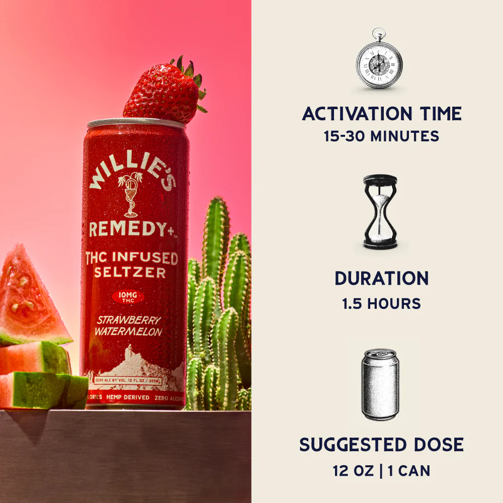 Willie's Remedy+ 10mg THC Infused Seltzer - Strawberry Watermelon - Image 3