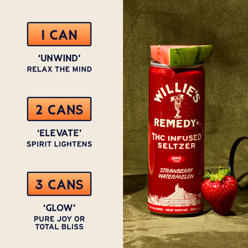 Willie's Remedy+ 10mg THC Infused Seltzer - Strawberry Watermelon - Image 4